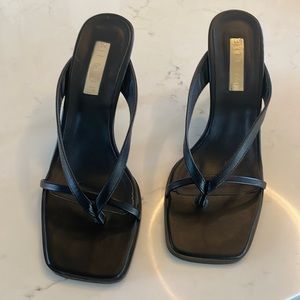 Black leather square-toe high heeled sandals - Lulus